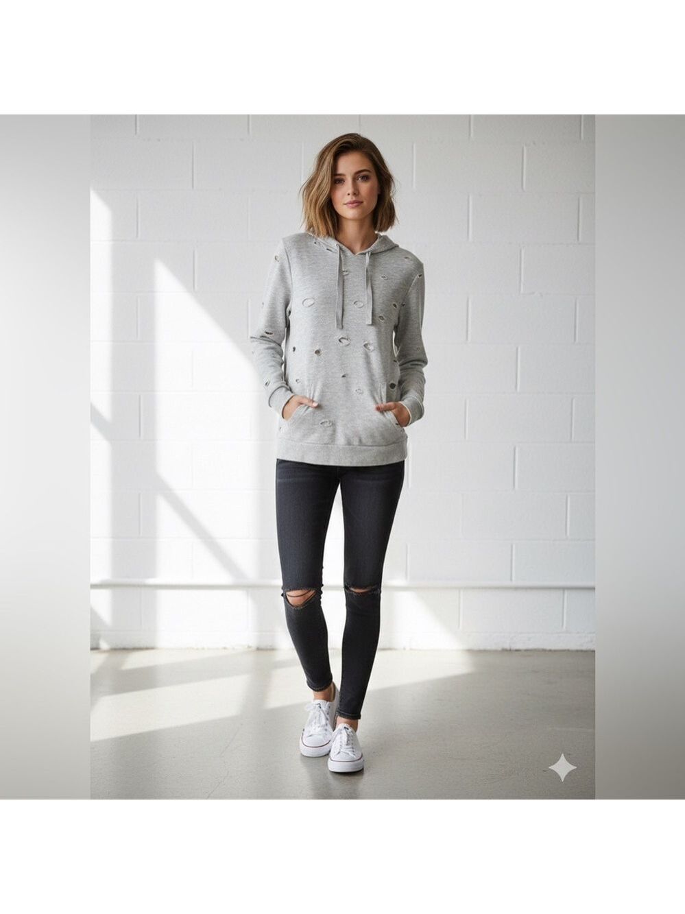 YOGALICIOUS Cotton Blend Heather Grey Distressed Cutout Hoodie Sz M